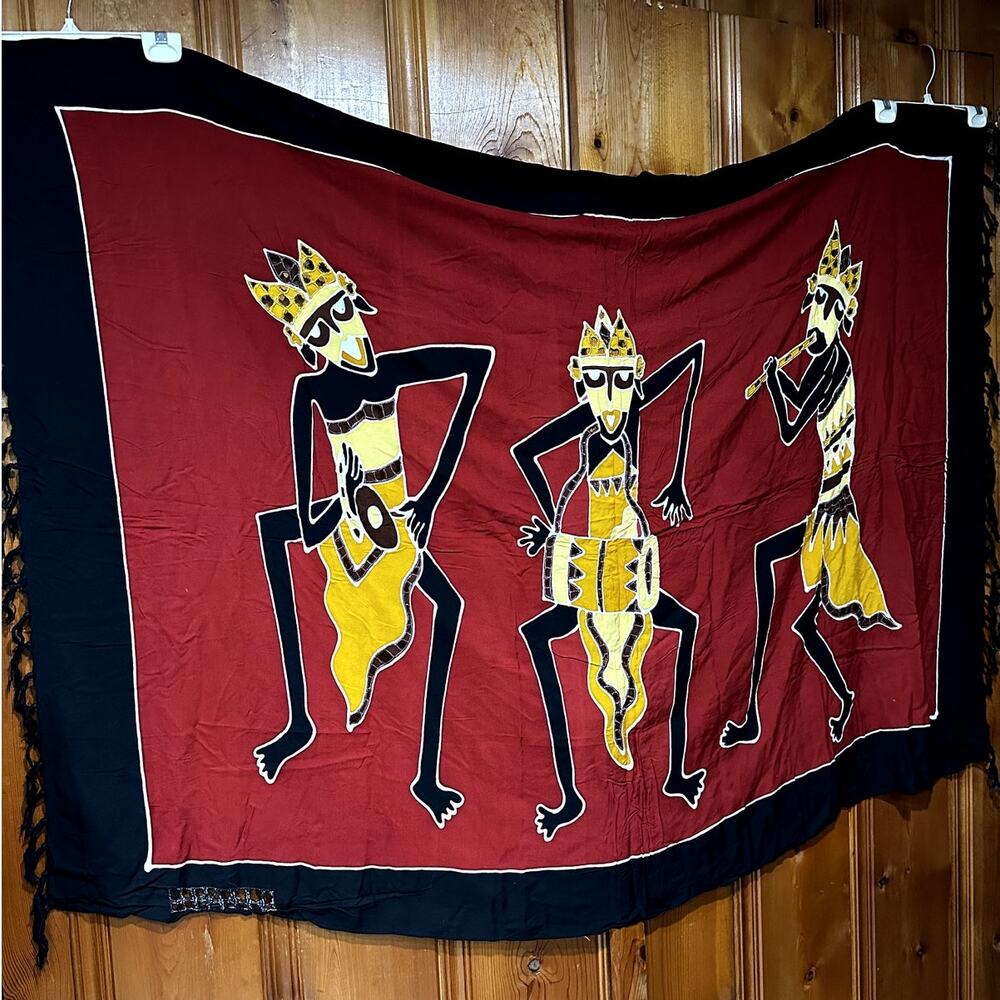 Vintage African Batik Wall Hanging or Wrap with Embroidery Cutwork